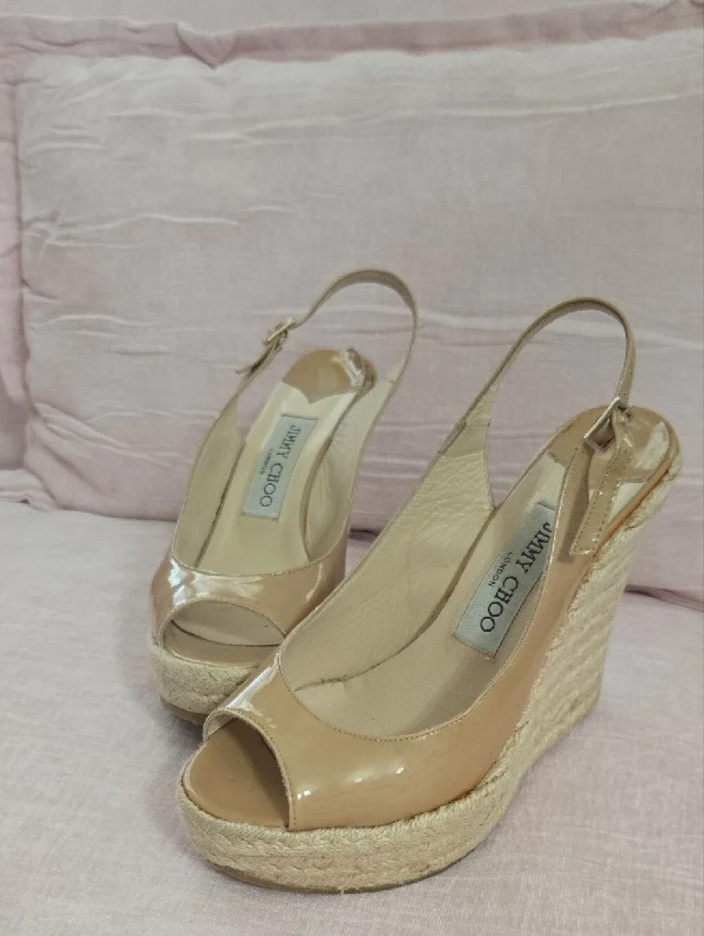 Jimmy Choo Beige Leather Peep-Toe Wedge Espadrilles